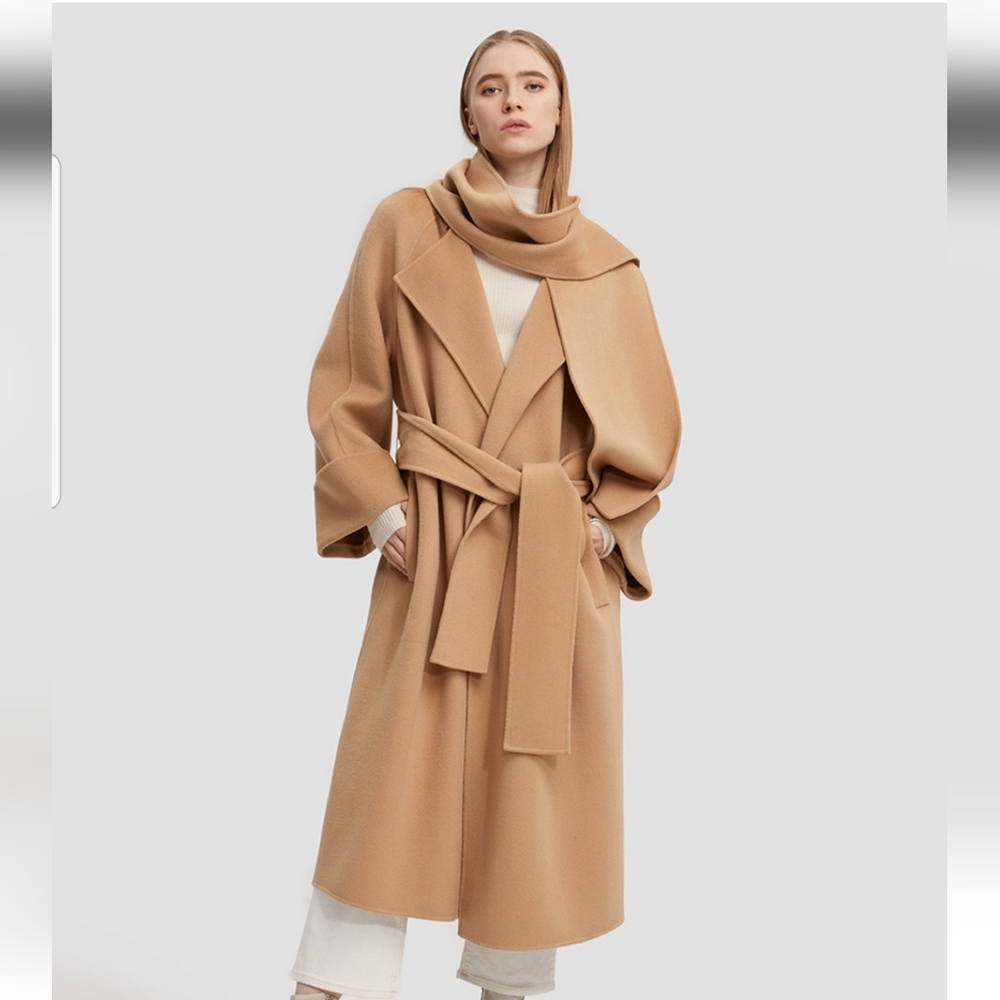 Long Straight Cut Cashmere Scarf Coat (Camel) - Lattelier